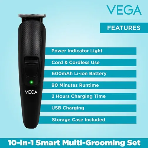 VEGA Men 10-in-1 Multi-Grooming Set with Beard/Hair Trimmer, Nose Trimmer & Body Groomer And Shaver, (VHTH-23) - Image 2